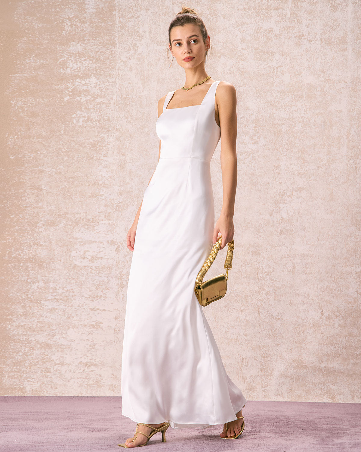 The White Square Neck Satin Maxi Dress