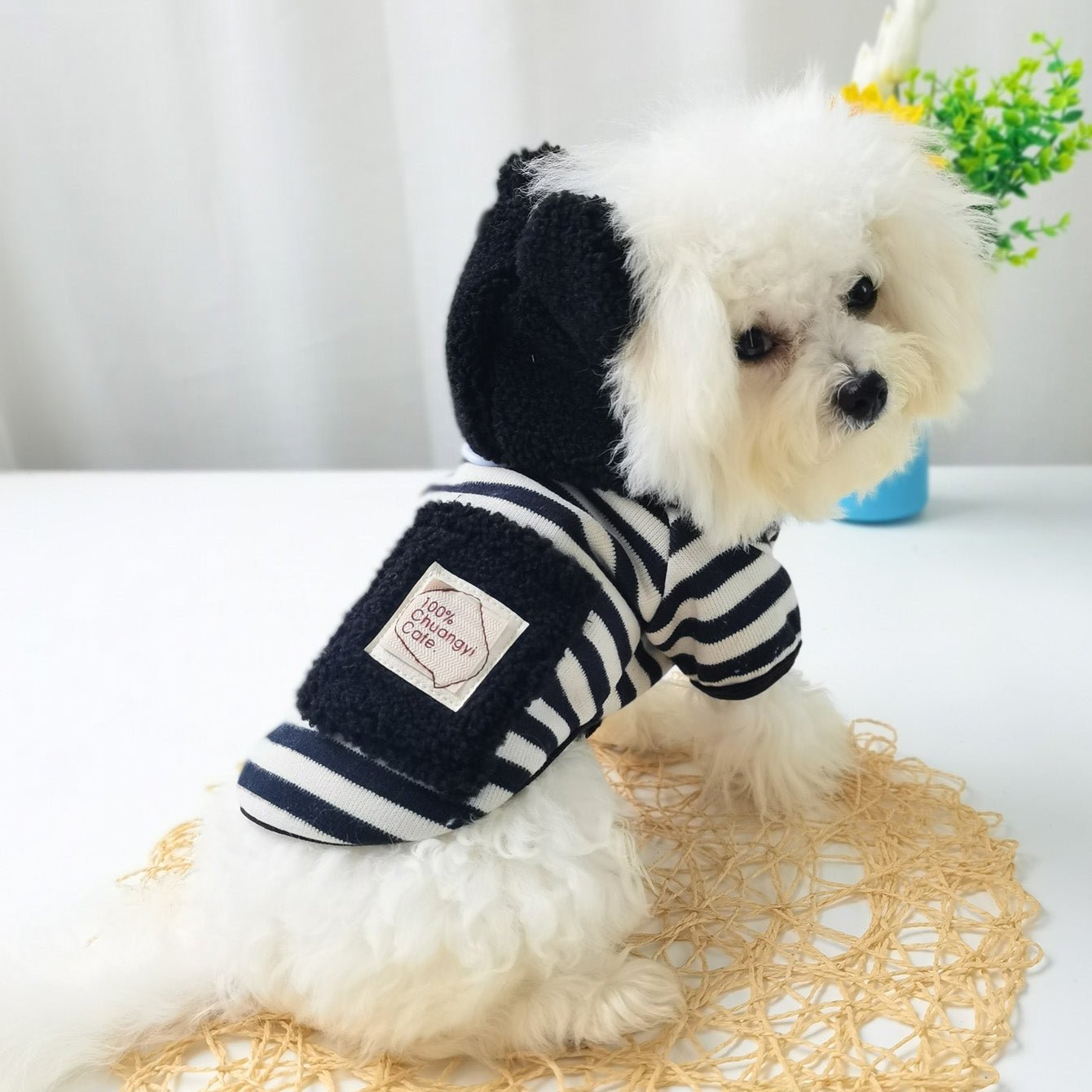 Striped Fleece Pocket Dog Cat Hooded Jacket Harness