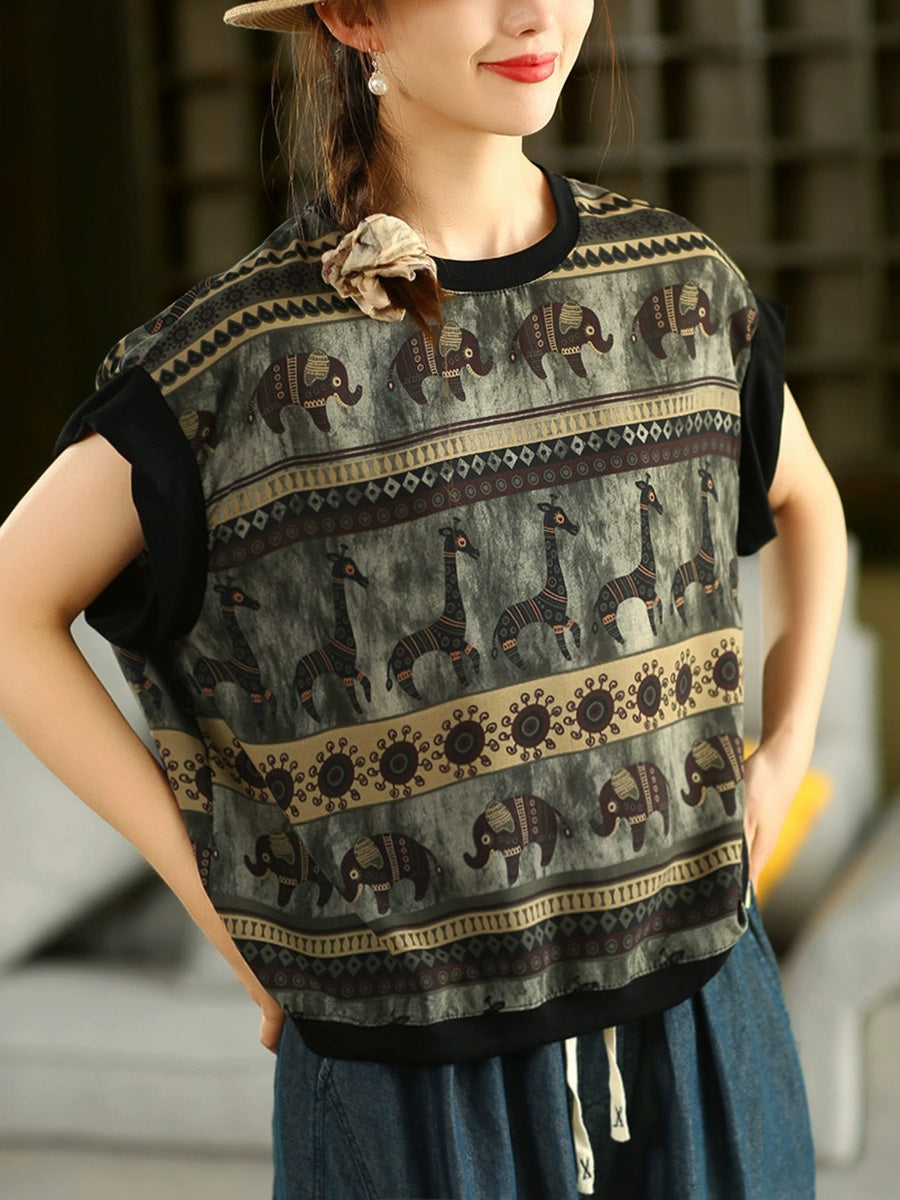 Women Summer Vintage Elephant Giraffe O-Neck Shirt
