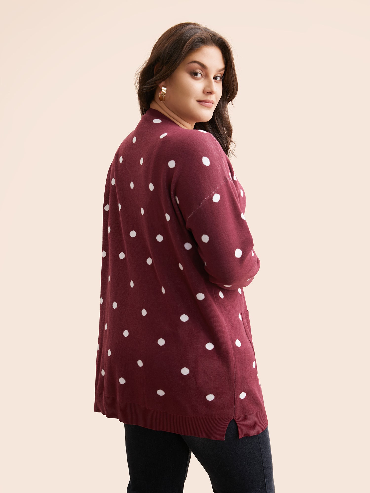 Polka Dot Kimono Collar Patch Pocket Cardigan