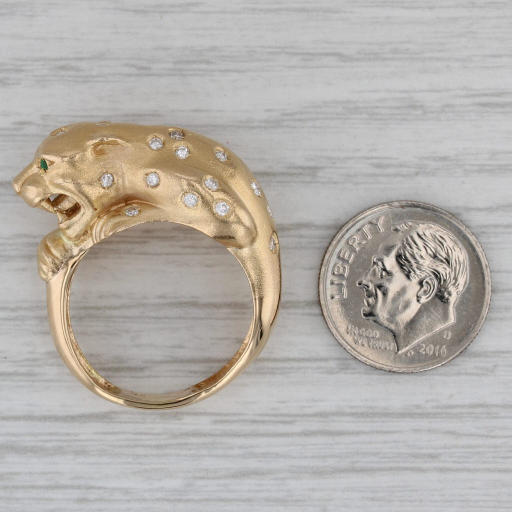 0.36ctw Diamond Leopard Ring 18k Yellow Gold Size 8.75 Emerald Eyes