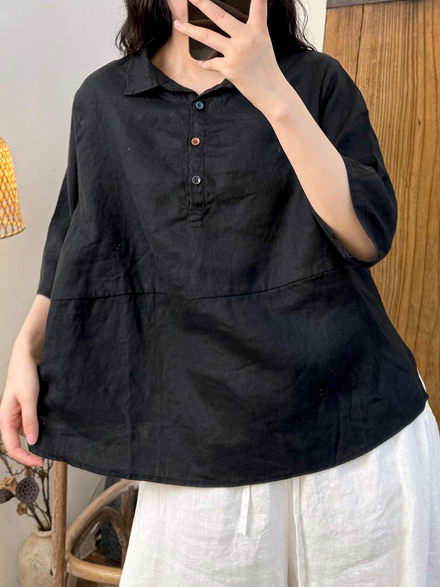 Women Summer Pure Color Turn-down Collar Collar Linen Shirt