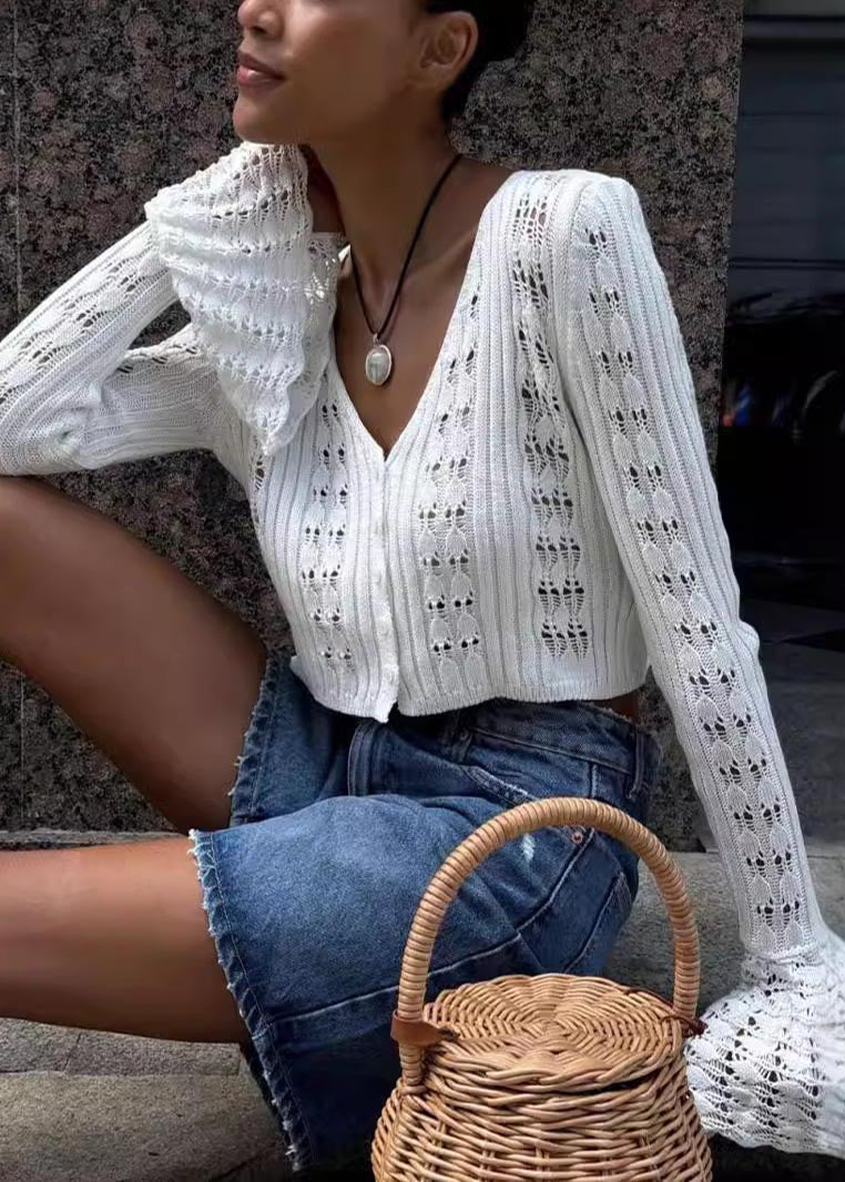 Fashion White Hollow Out Knit Shirts Flare Sleeve