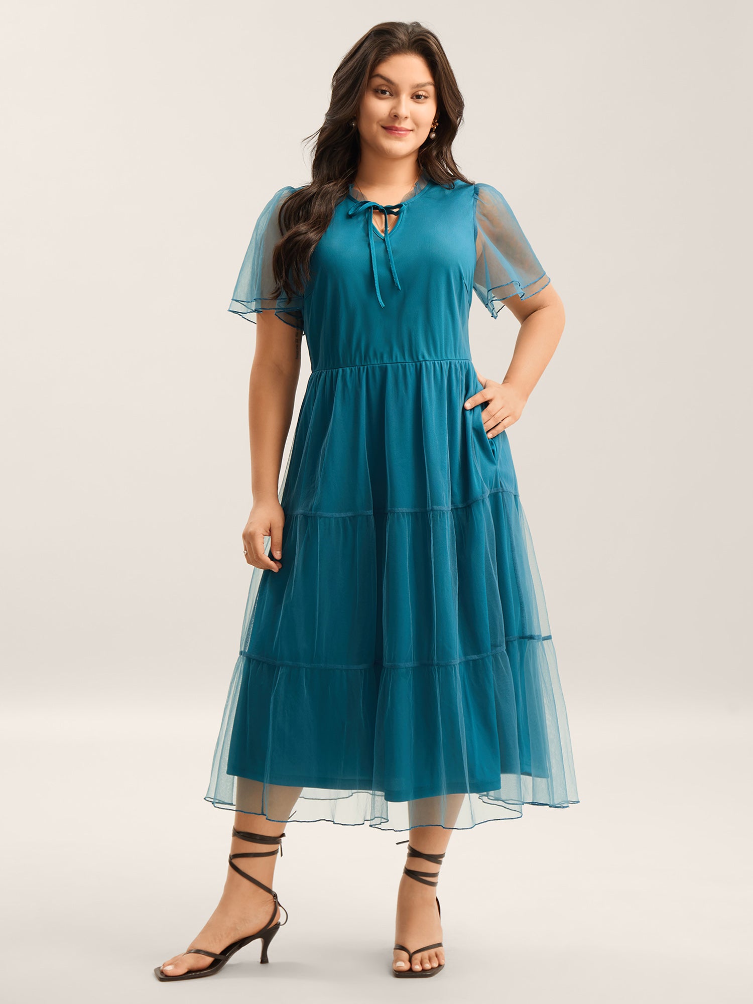 Stretchy Waist Neck Tie Sheer Midi Dress