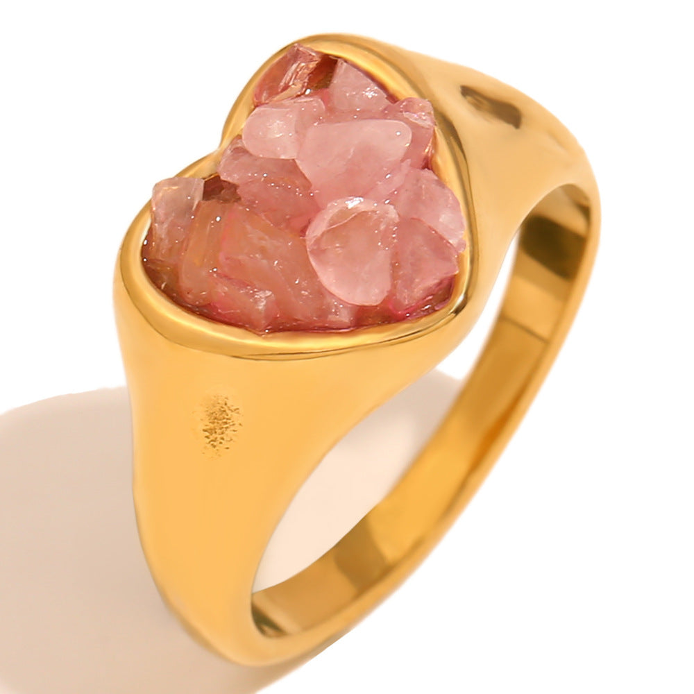 Retro Niche Hand Jewelry Stainless Steel Plated 18K Gold White Jade Gravel Adhesion Love Ring