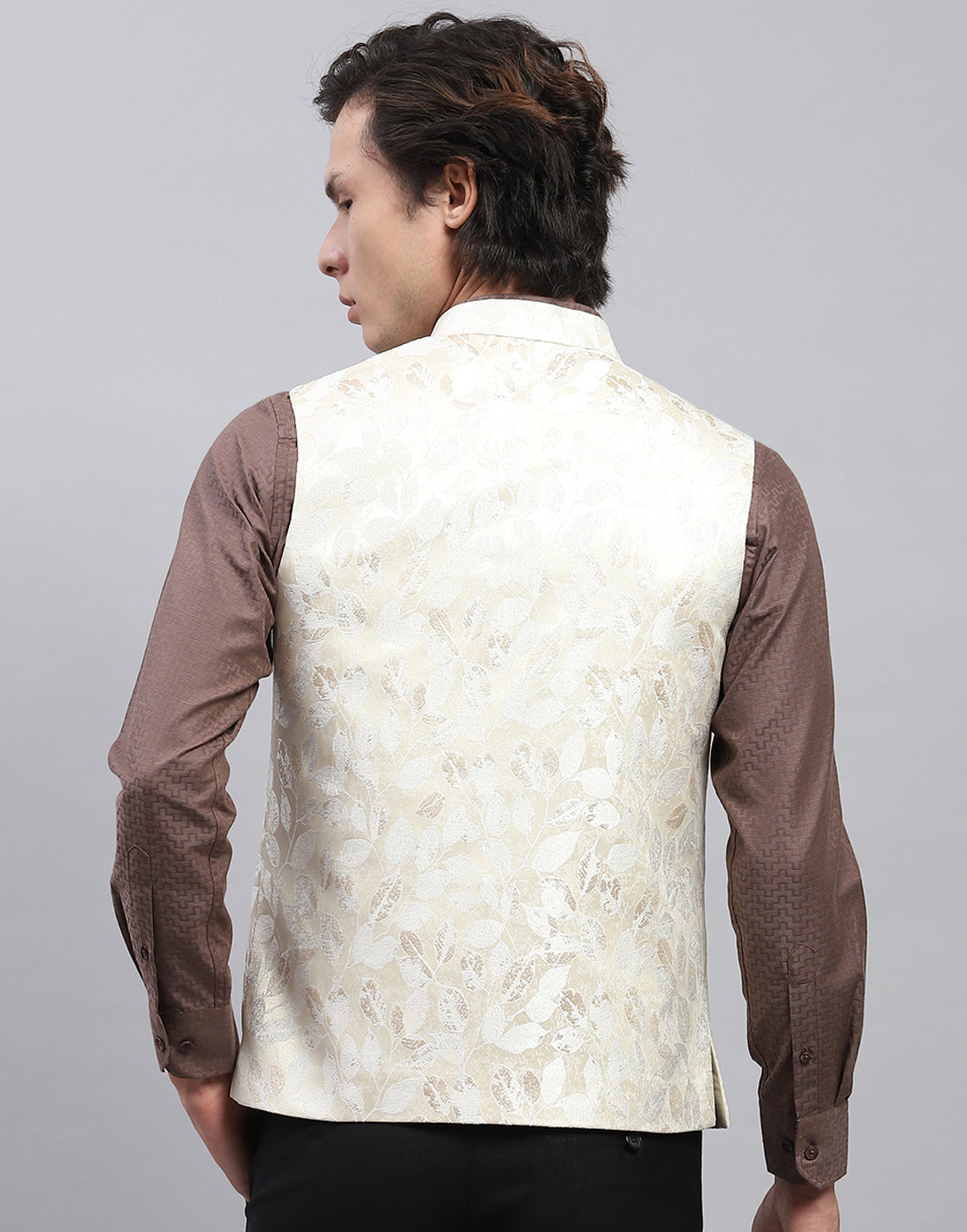 Men Cream Floral Print Band Collar Sleeveless Nehru Jacket