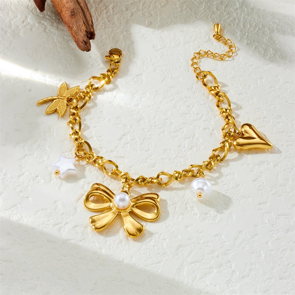 Fashion Gold-Plated Stainless Steel Bow Pearl Heart Dragonfly Five-Pointed Star Pendant Bracelet