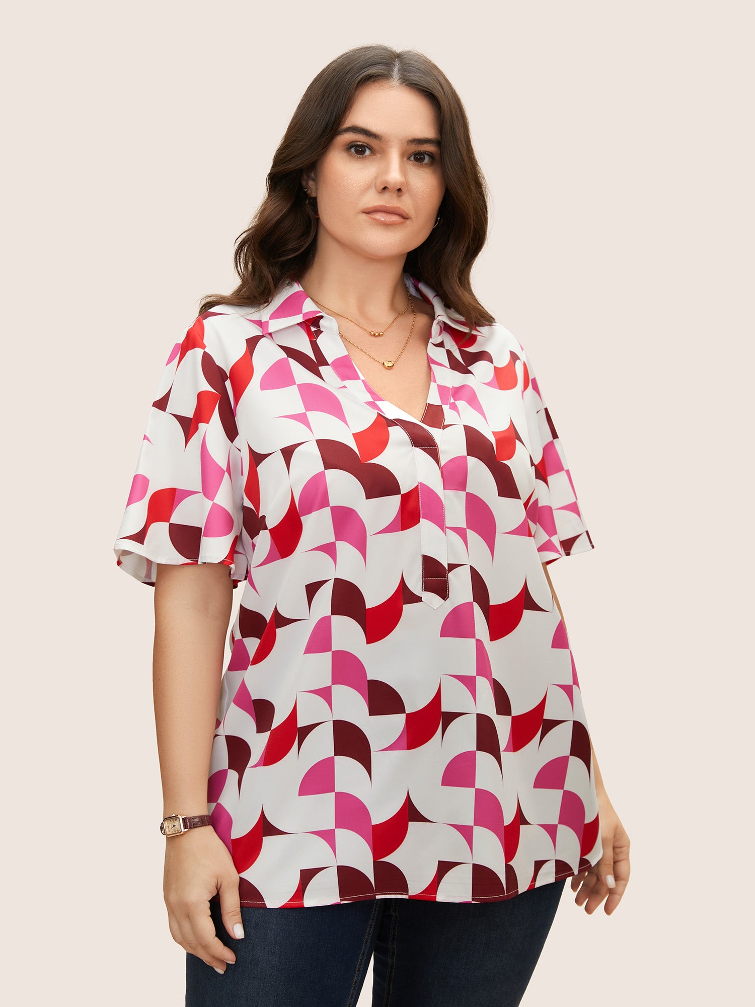 Contrast Geometric Shirt Collar Flutter Sleeve Blouse