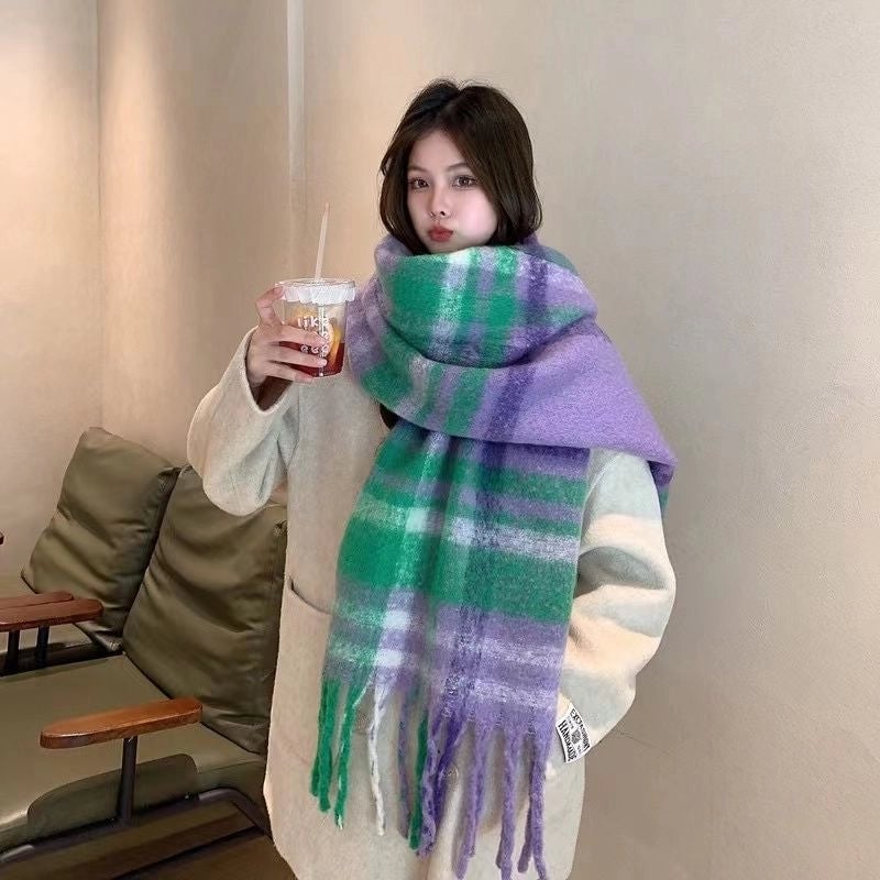 Mohair Plaid Scarf Women's Winter  Versatile Tassel Student Long Thickened Warm Scarf Large Shawl Fashion