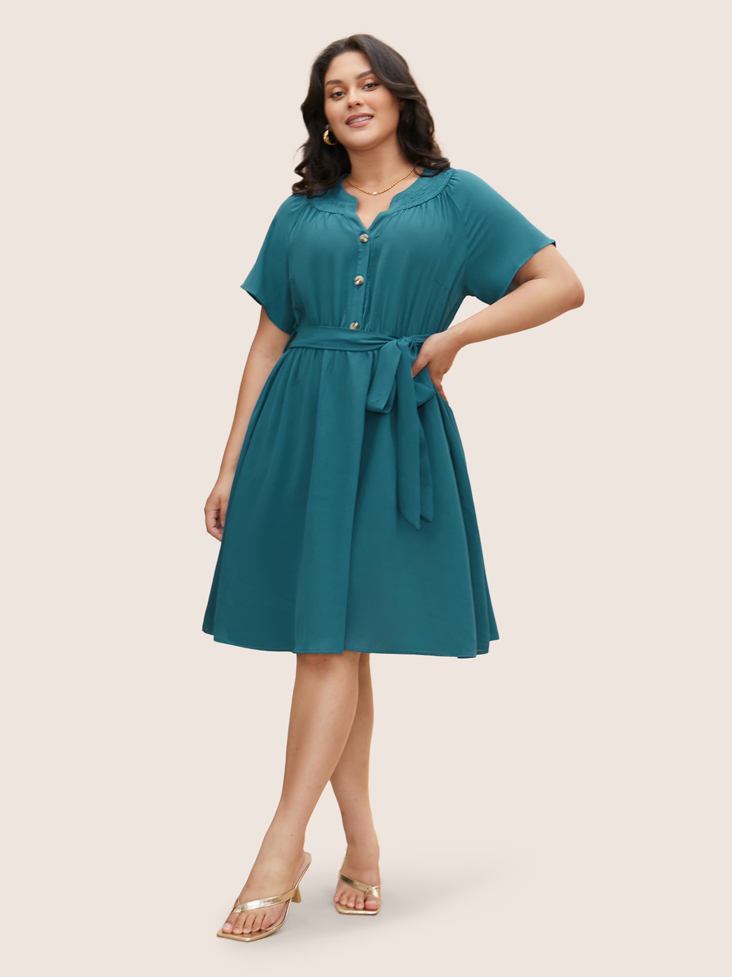 Shirred Notched Button Up Belted Dress