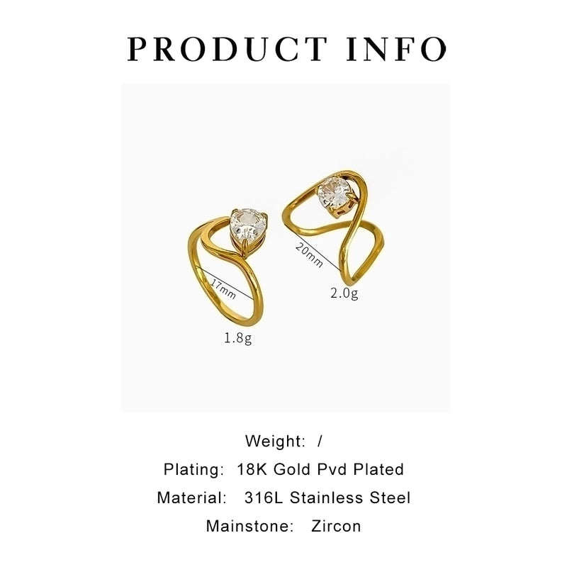 Romantic Shiny Round Water Droplets 316L Stainless Steel  Zircon 18K Gold Plated Inlay Rings