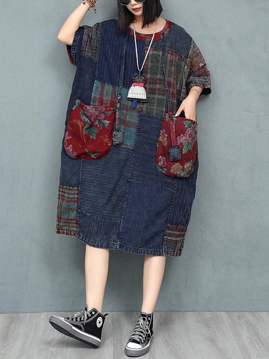 Women Summer Retro Patchwork O-Neck Cotton Dress
