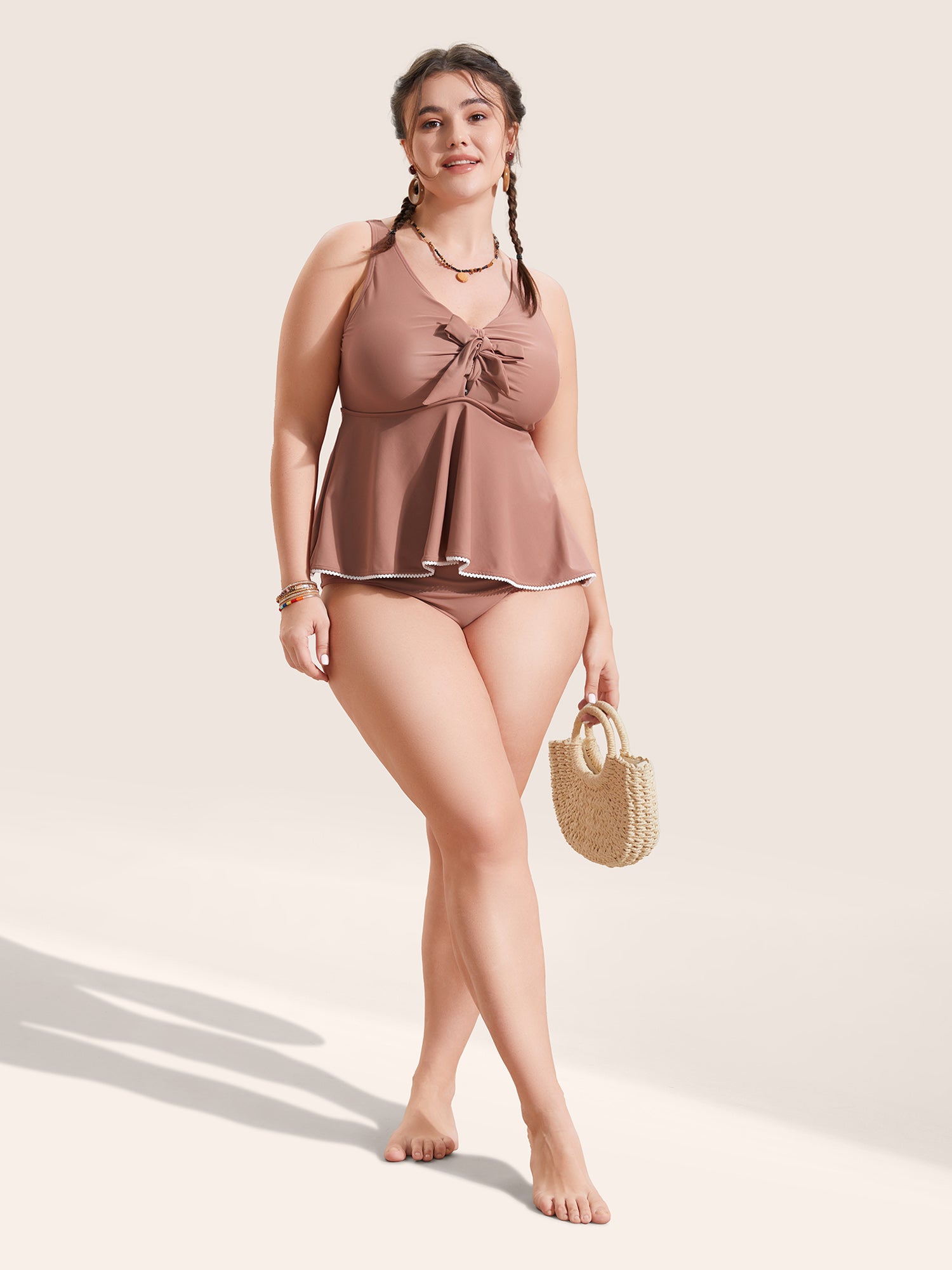 Lace Trim Bowknot Front Ruched One Piece Swimsuit