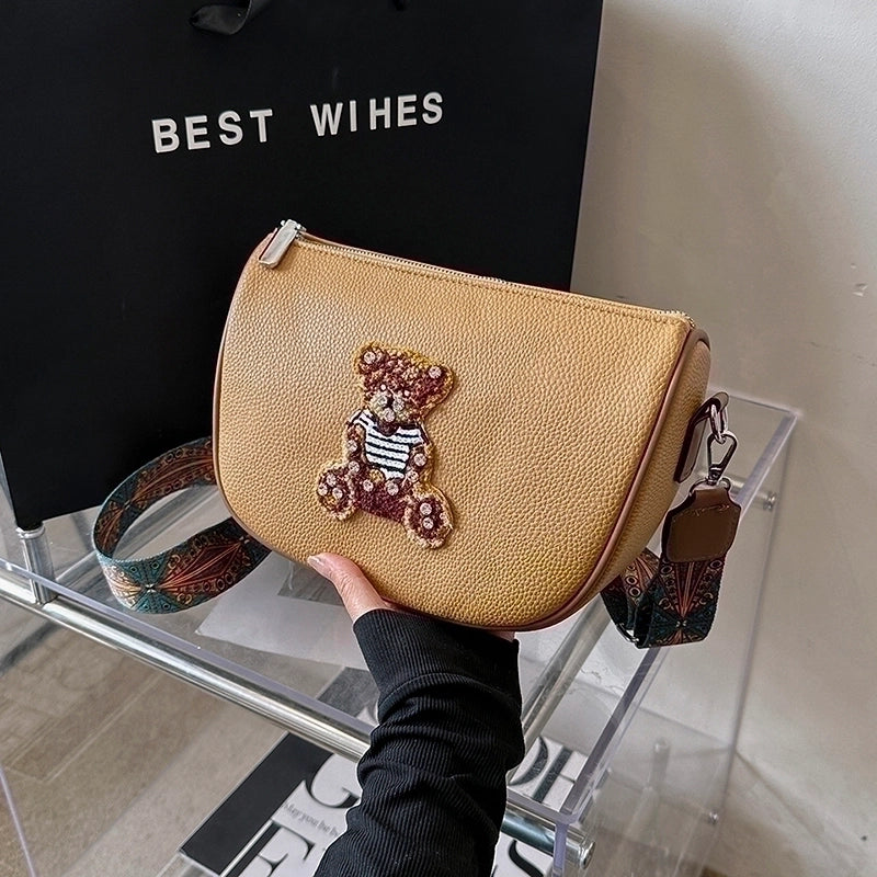 Women's Pu Leather Little Bear Classic Style Square Zipper Shoulder Bag