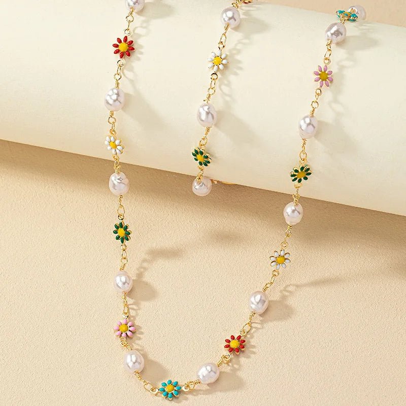 Dainty Spring Floral Pearls Bracelet and Necklace Set