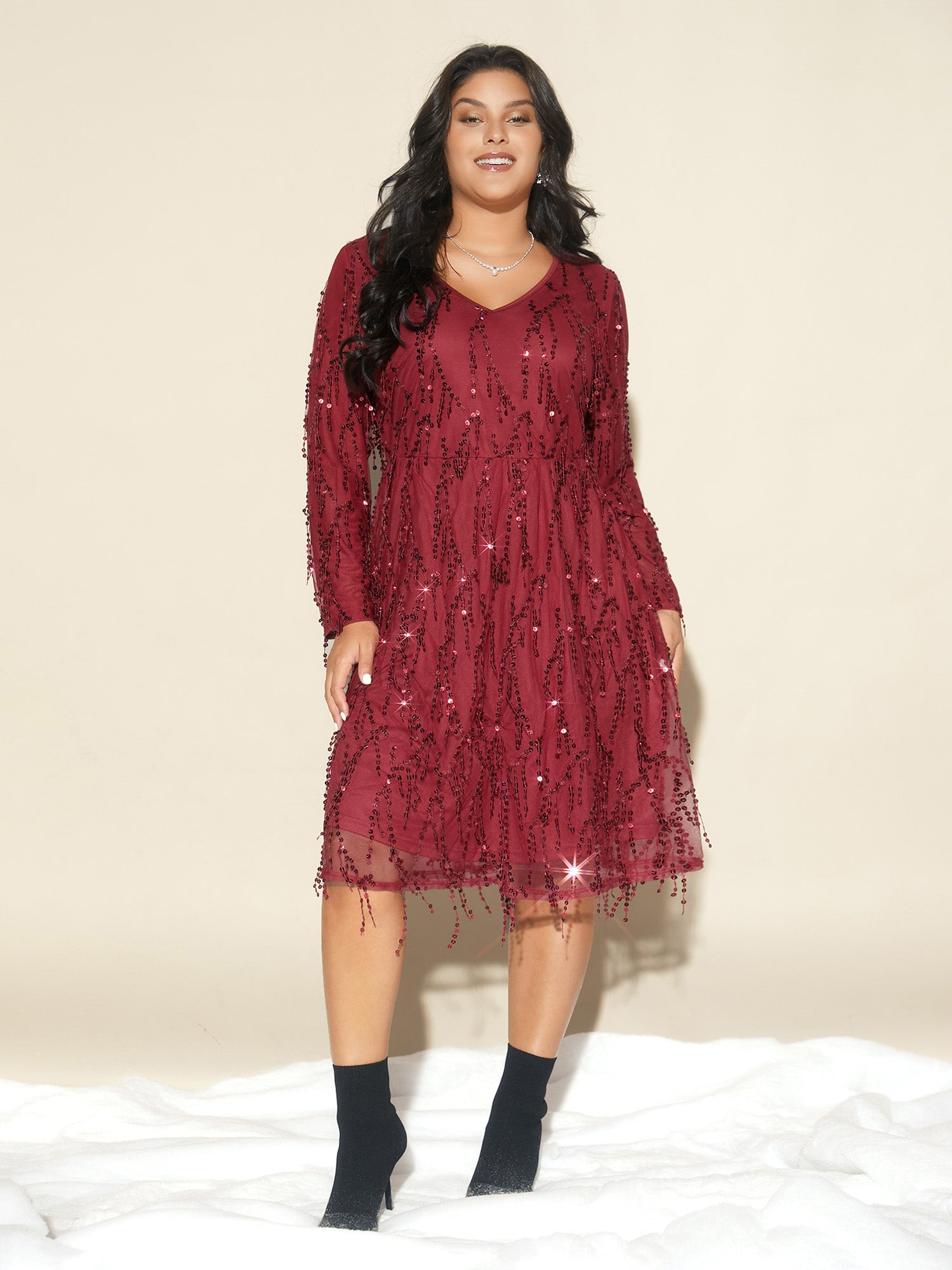 Sequin Fringe Detailing Elastic Waist Midi Dress