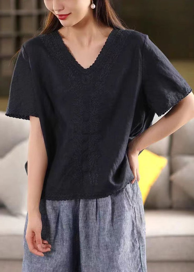 New Green V Neck Embroidered Linen T Shirts Summer