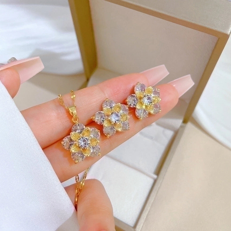 Copper Minimalist Plating Inlay Rhombus Bow Knot Zircon Jewelry Set