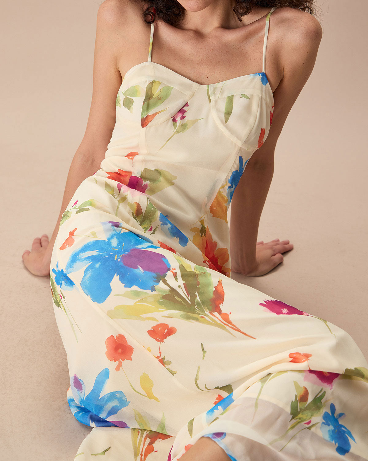 Women's Beige Floral Slip Maxi Dress