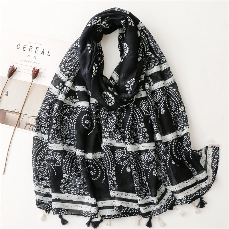 Yarn Cotton Fruit Green Bright Yellow Leaf Printing Tassel Scarf Shawl