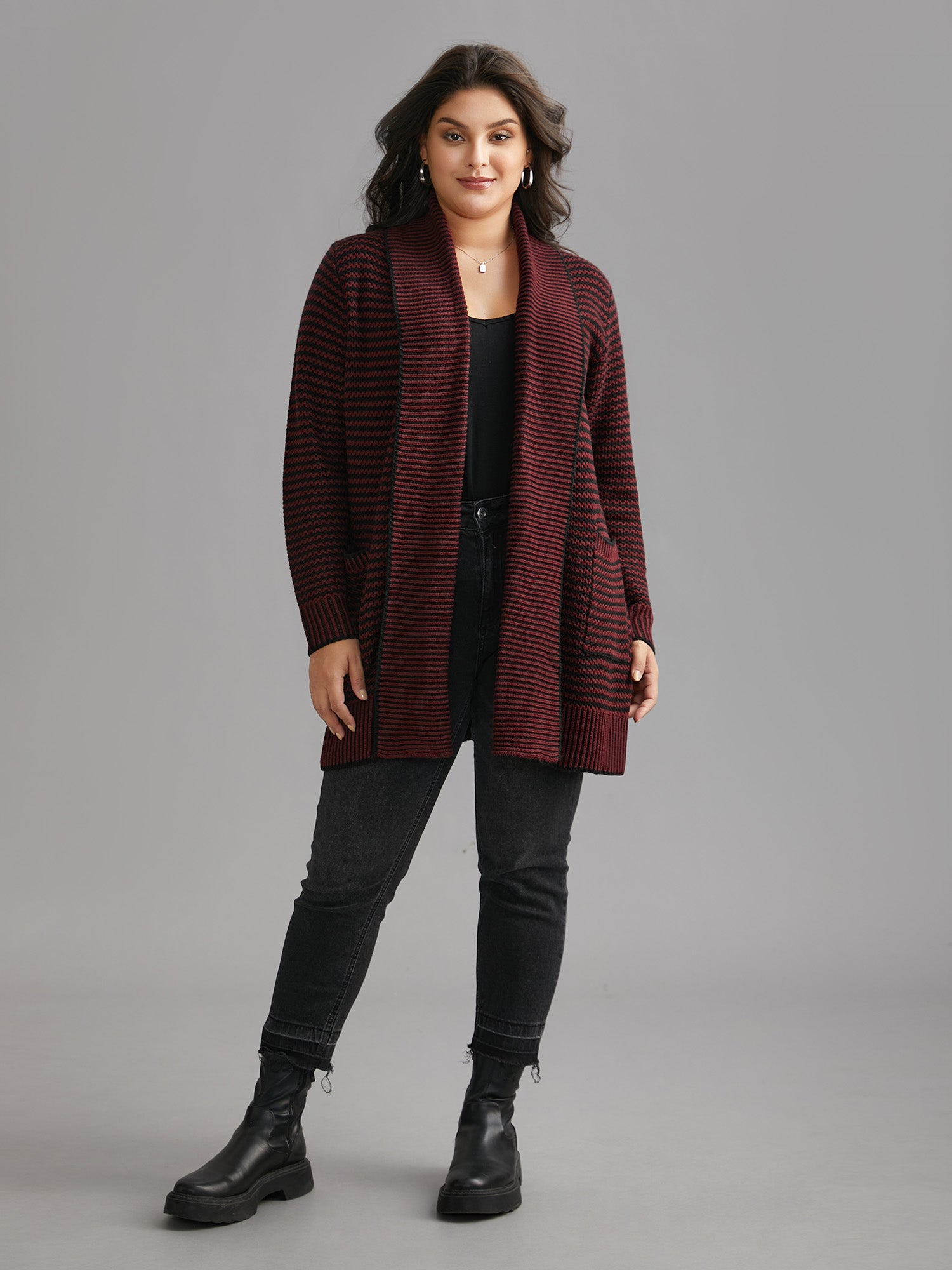 Collared Pockets Open-Front Long Cardigan