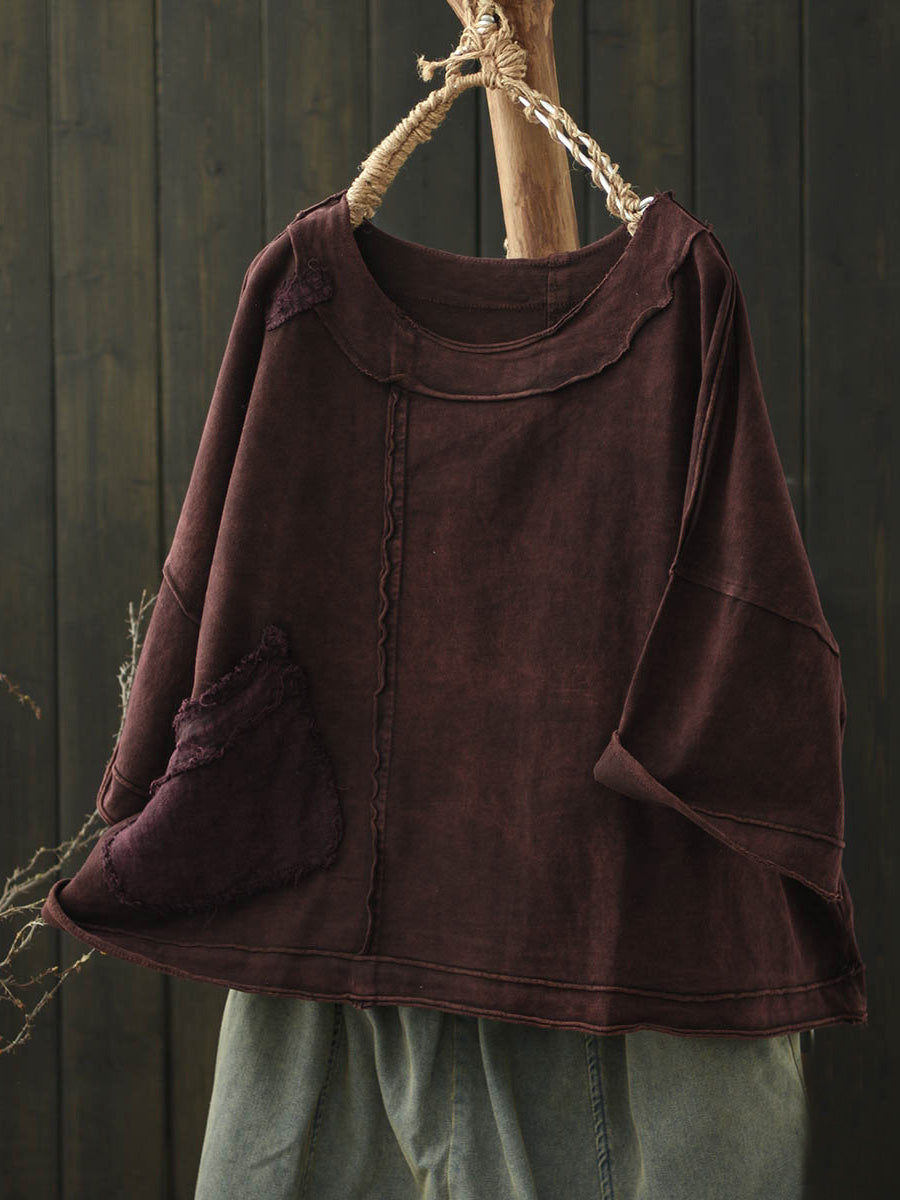 Women Summer Retro Pure Color Cotton Spliced O-Neck Shirt