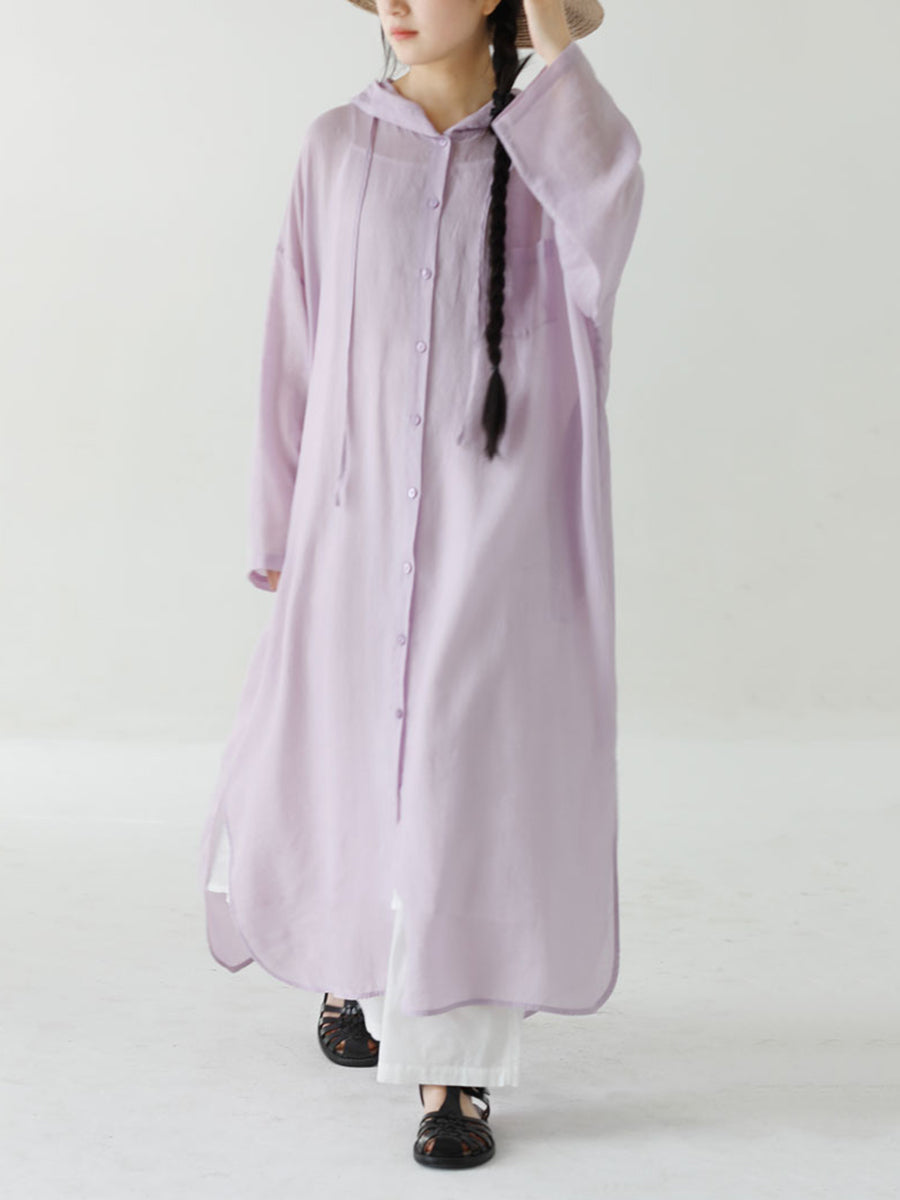 Women Summer Pure Color Hooded 100%Ramie Shirt Dress