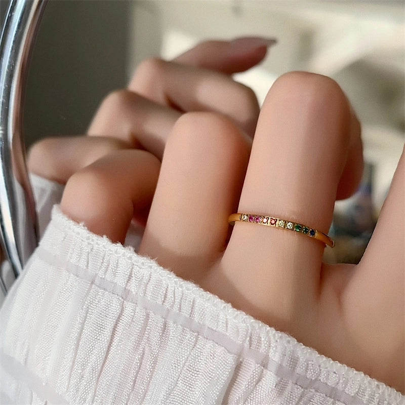 IG Style Minimalist Geometric Titanium Steel Zircon 18K Gold Plated Inlay Rings