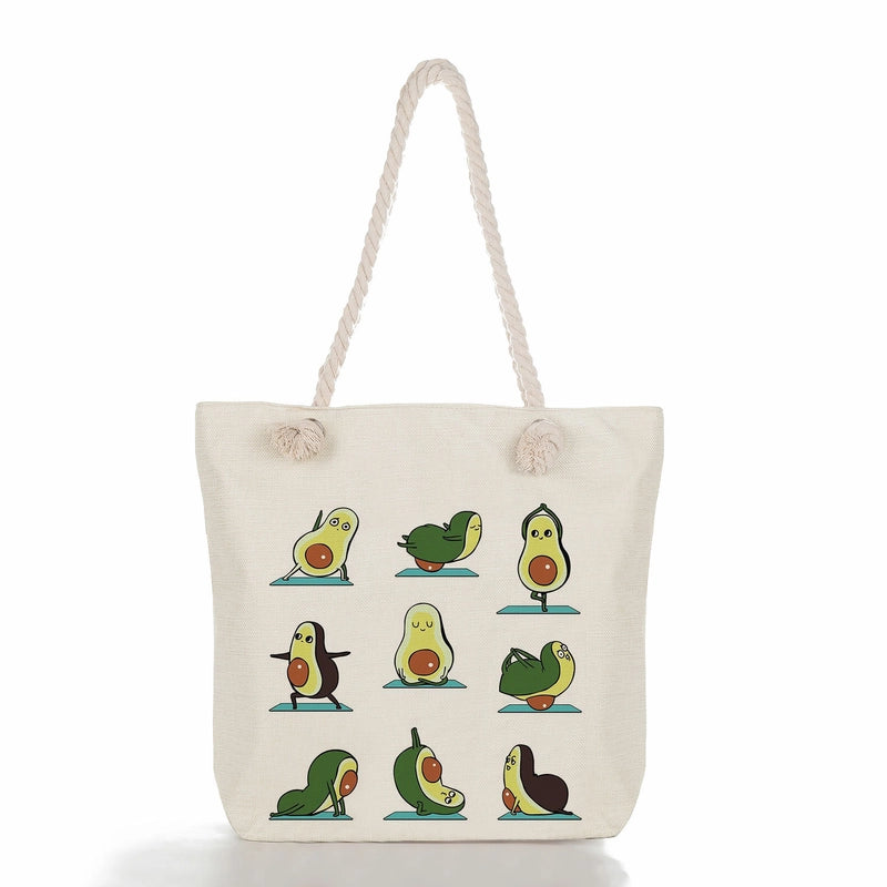 Women's Medium Linen Fruit Cute Classic Style Square Zipper Tote Bag Beach Bag