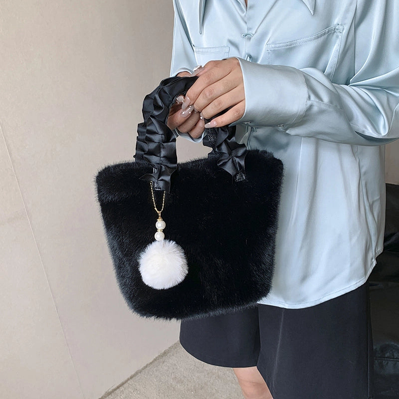 Women's Small Autumn&winter Plush Solid Color Basic Fluff Ball Bucket Zipper Bucket Bag
