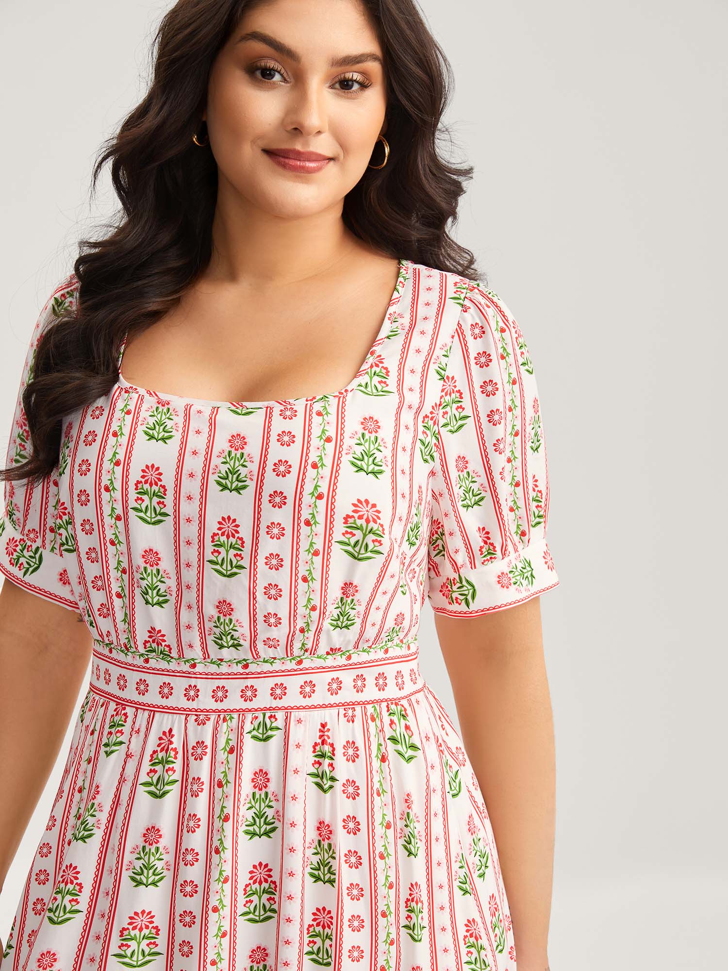 Floral Stripe Shirred Waist Midi Dress