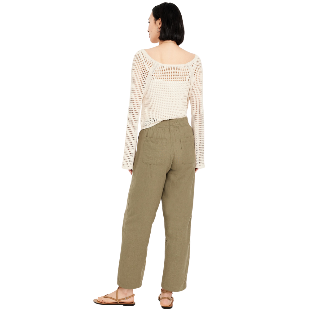 High Waisted Linen Blend Straight Ankle Pants