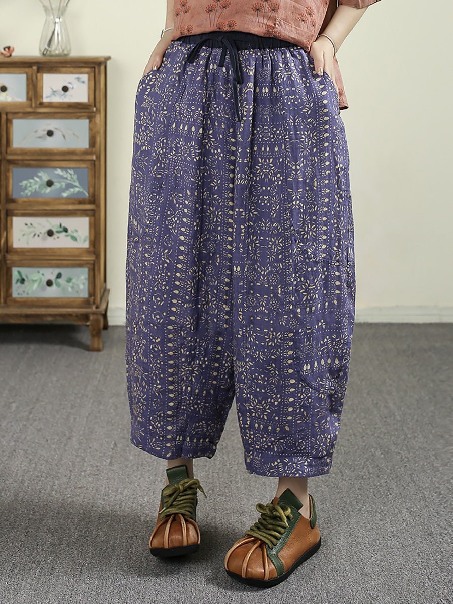 Women Summer Ethnic Print 100%Ramie Harem Pants