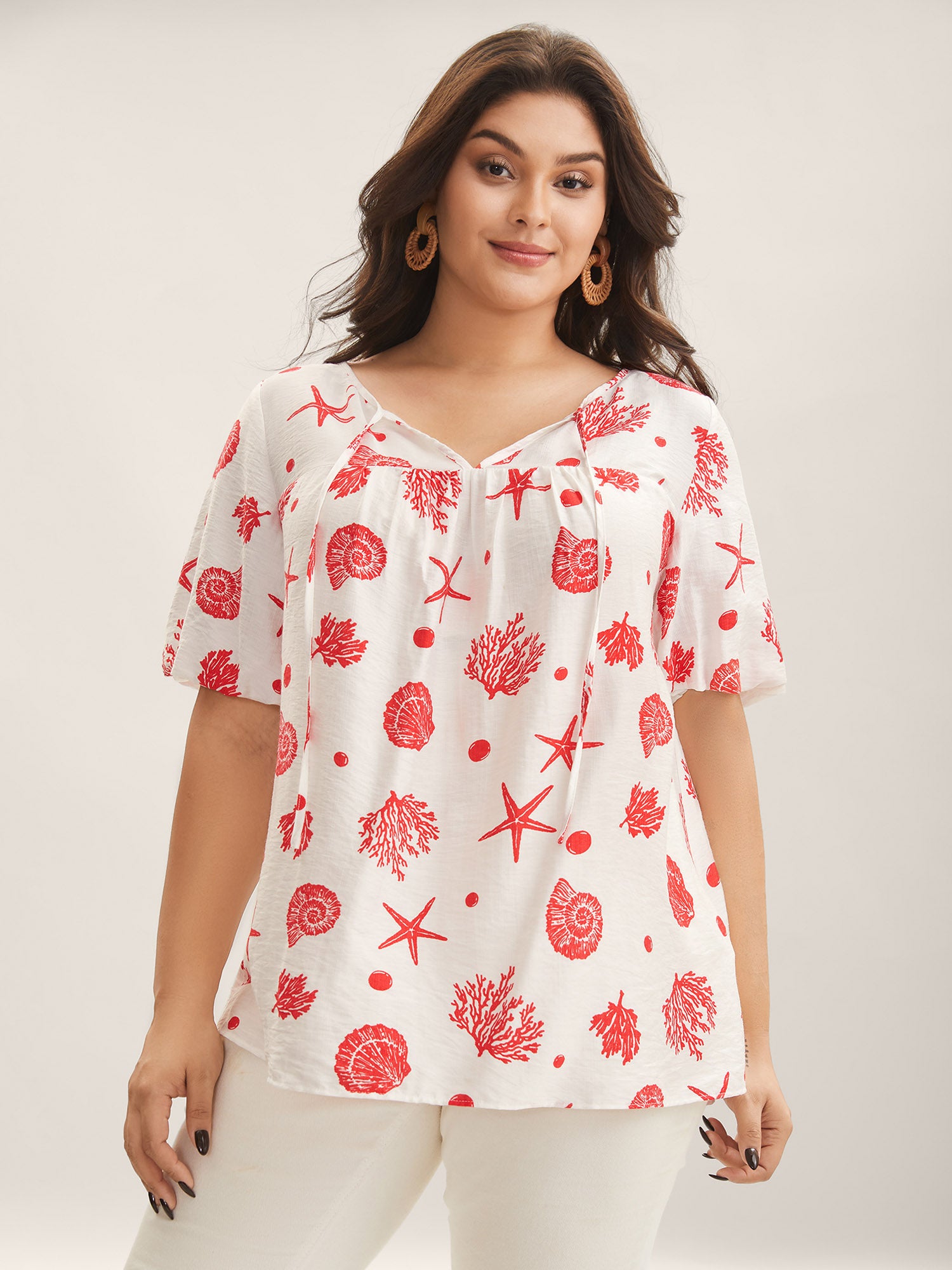 Seashore Print Keyhole Pleated Blouse
