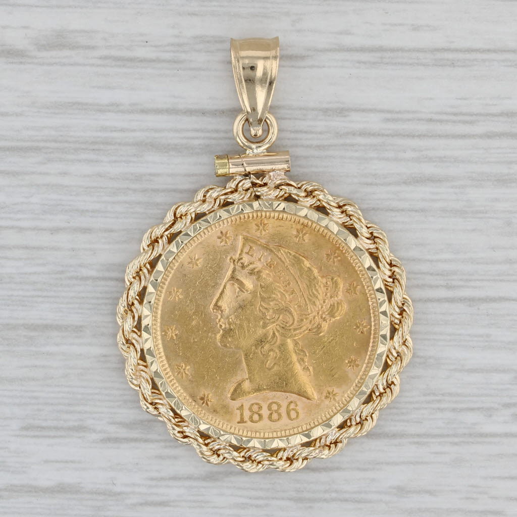 Authentic 1886 5 Dollar Liberty Coin Pendant 14k Bezel 900 Coin Yellow Gold