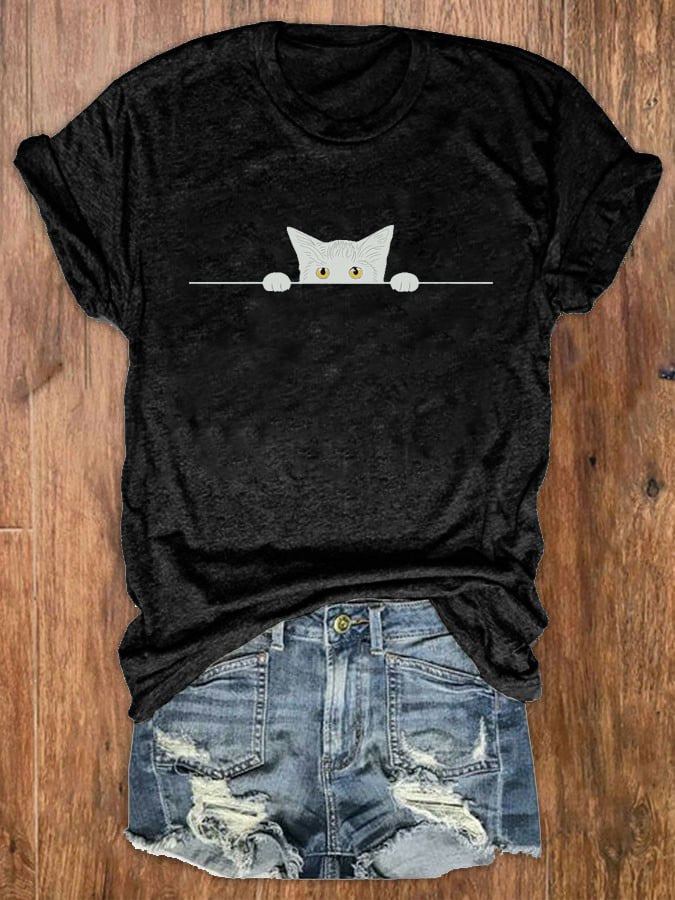 Women's Black Cat Print Crew Neck T-Shirt