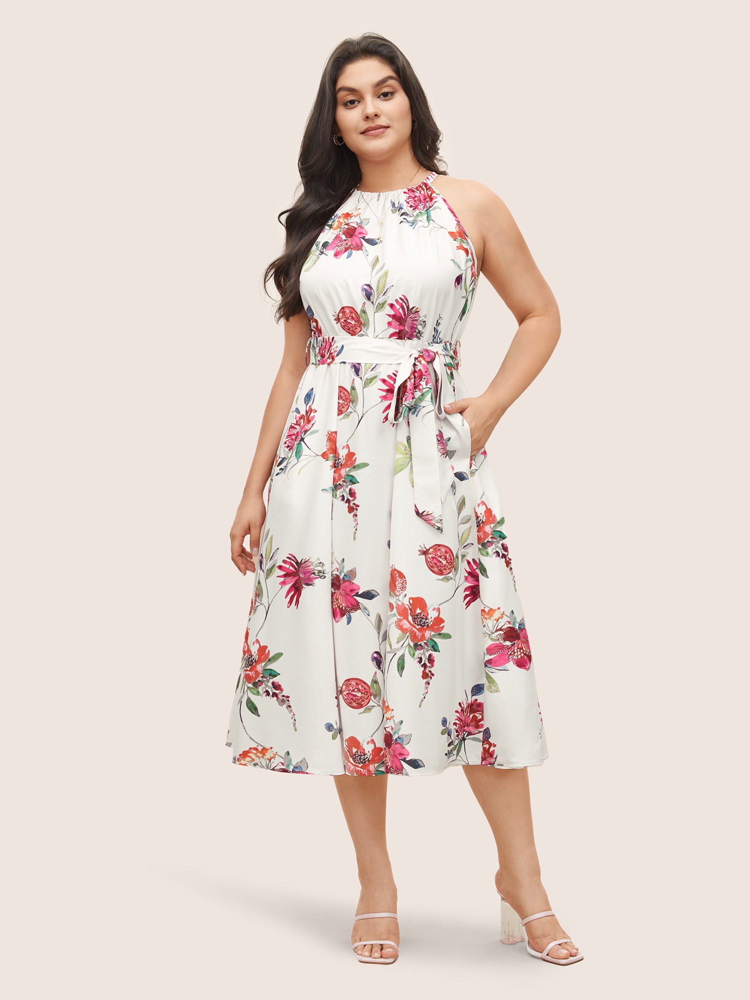 Citrus Fruit Print Halter Belted Gathered Dress