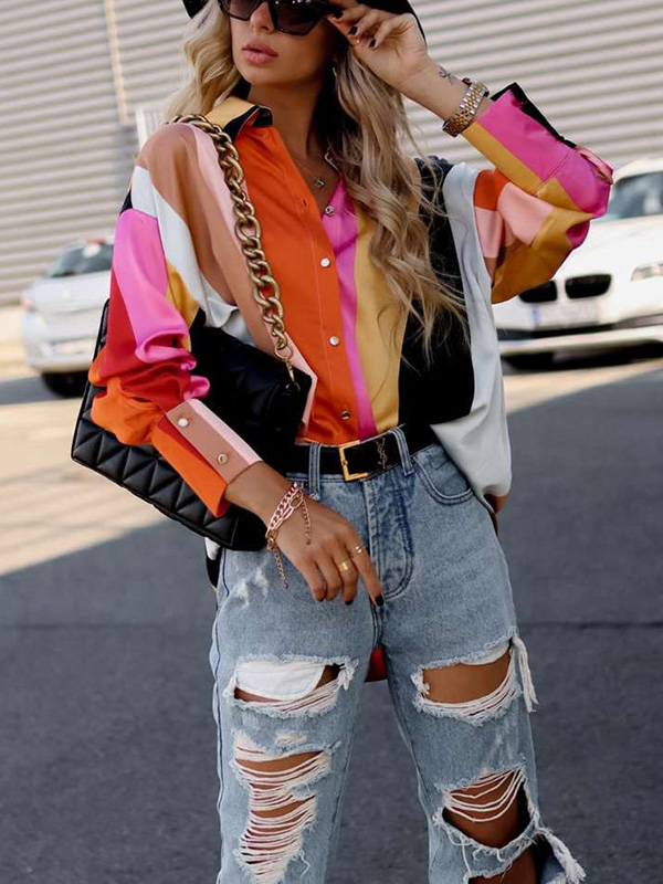 Stylish Selection Long Sleeves Loose Contrast Color Lapel Collar Blouses&Shirts Tops
