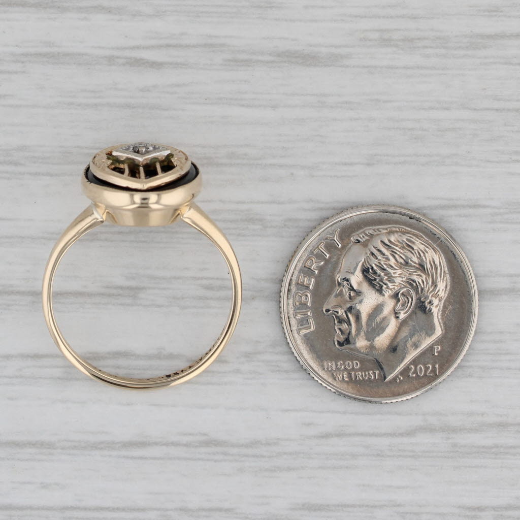 Vintage Onyx Signet Ring 10k Yellow Gold Diamond Accent