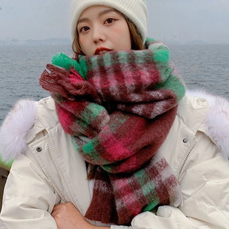 Rainbow Plaid Scarf Women's Autumn And Winter Thickened Mohair Student Couple Contrast Color Matching Thickened