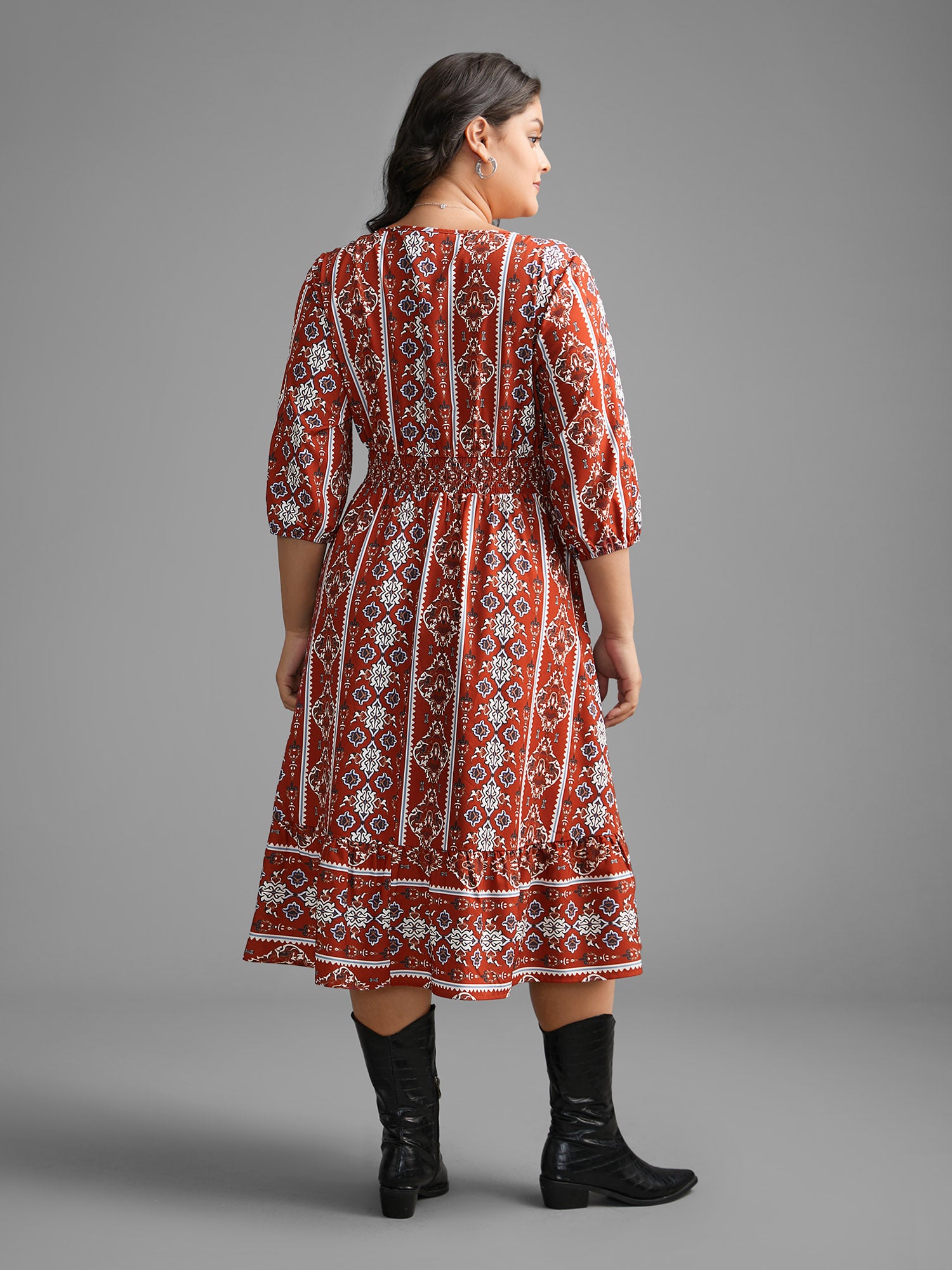 Boho Print Shirred Tie Knot Midi Dress