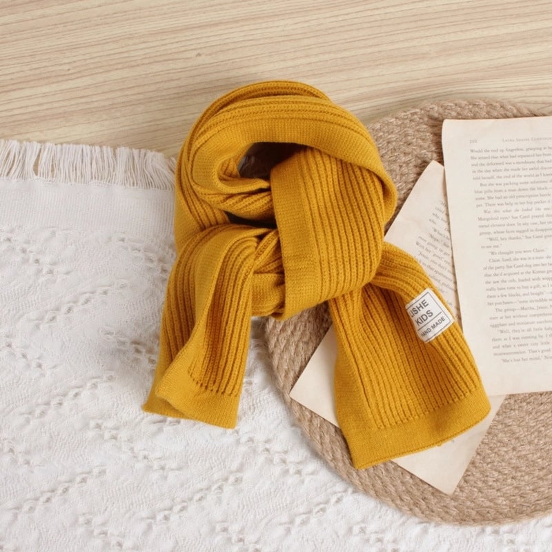 Style Solid Color Vertical Strip Large Label Children's Knitted Scarf Winter New Baby Warm Wool Scarf