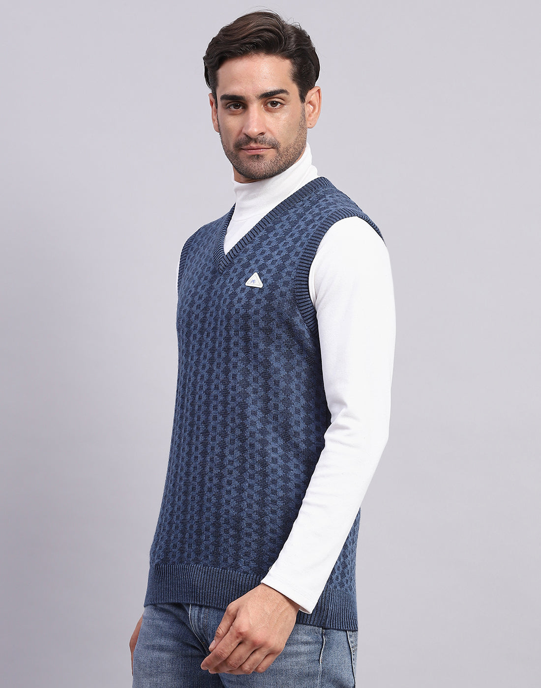 Men Blue Self Design V Neck Sleeveless Sweater