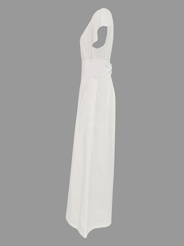 Loose Raglan Sleeve Pleated Solid Color Split-Joint Zipper Round-Neck Jumpsuits