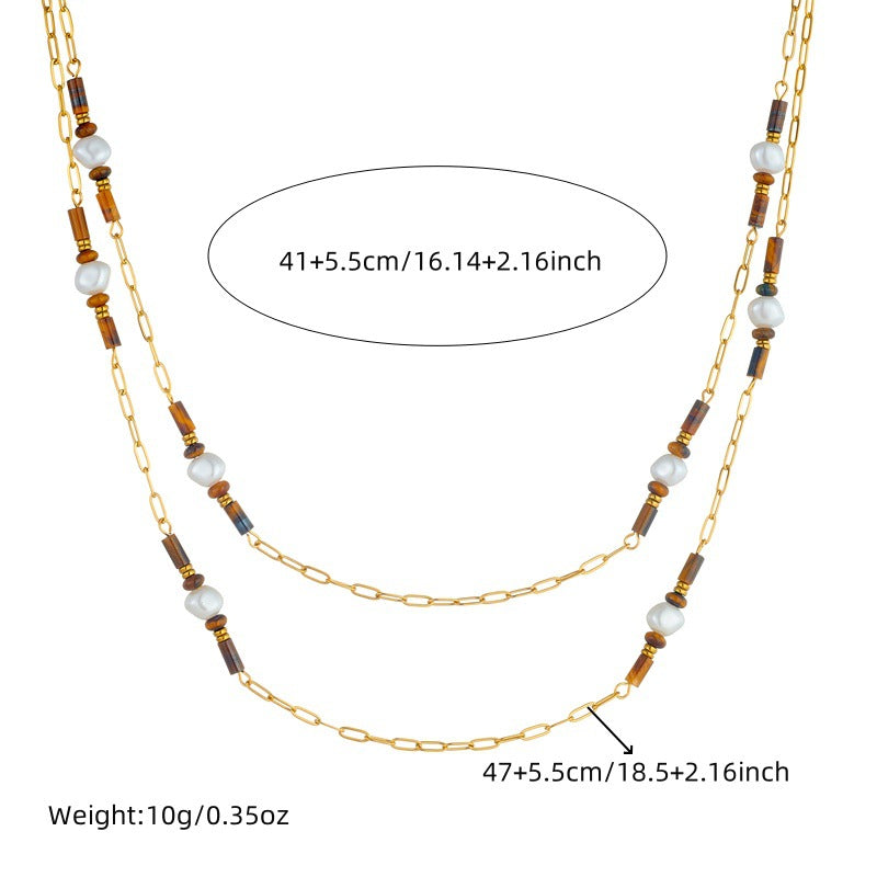 Retro Maillard Style Square Round Geometric Tiger Eye Stone Stainless Steel Round Heart Pendant Necklace