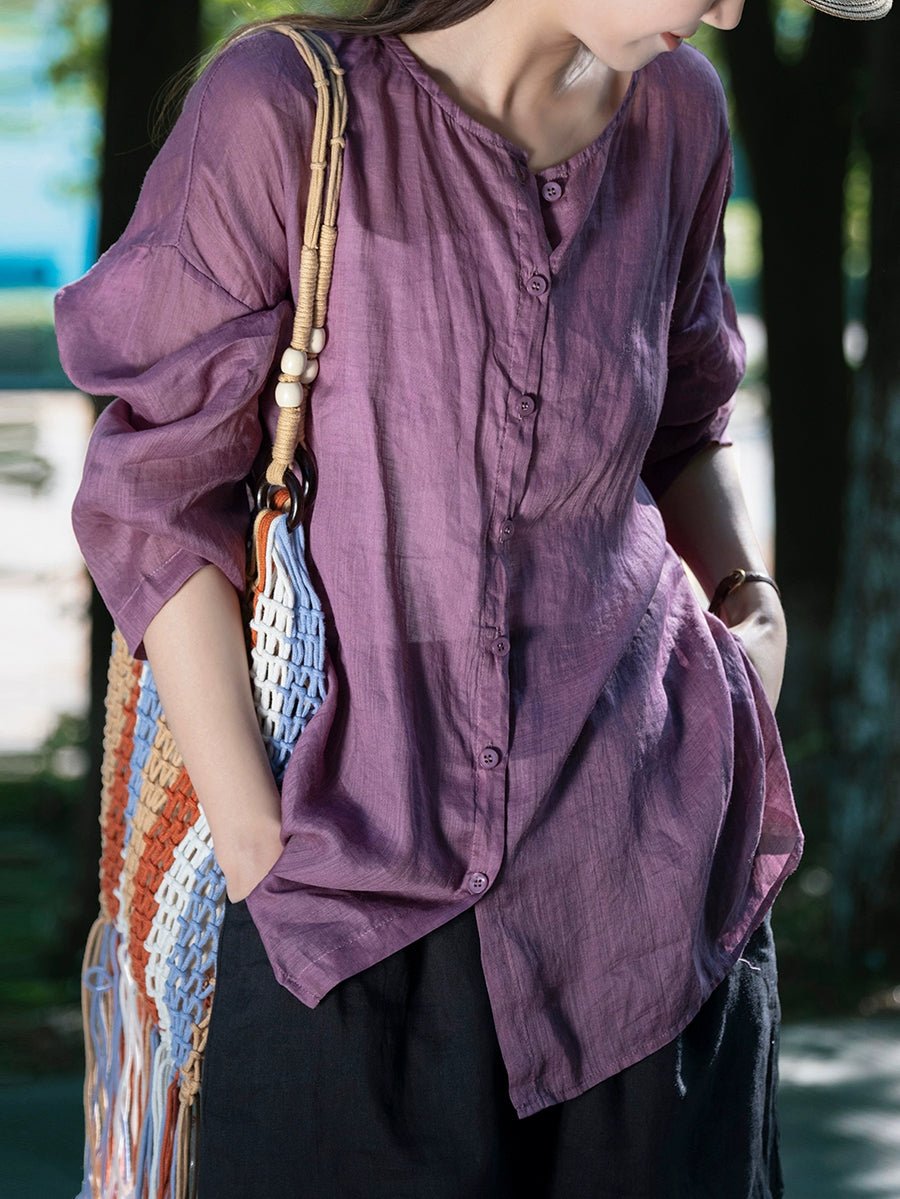 Women Summer Vintage Pure Color O-Neck 100%Ramie Shirt