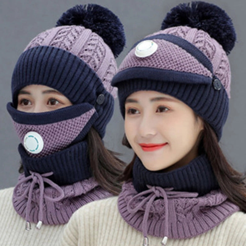 Women's Basic Minimalist Color Block Pom Poms Eaveless Wool Cap