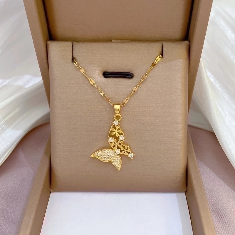 Minimalist Butterfly Titanium Steel Copper Plating Inlay Zircon Pendant Necklace