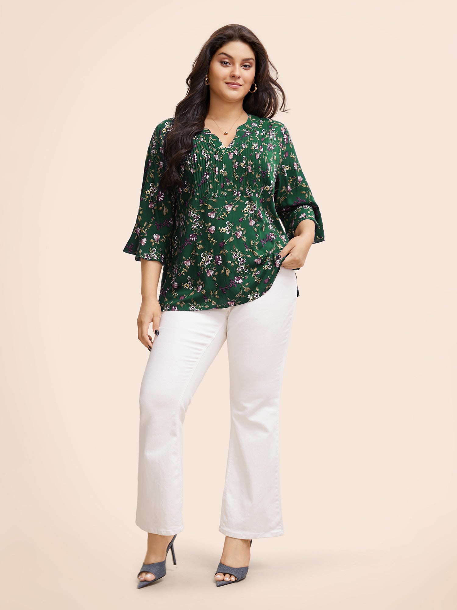 Ditsy Floral Pleated Flutter Sleeve Blouse