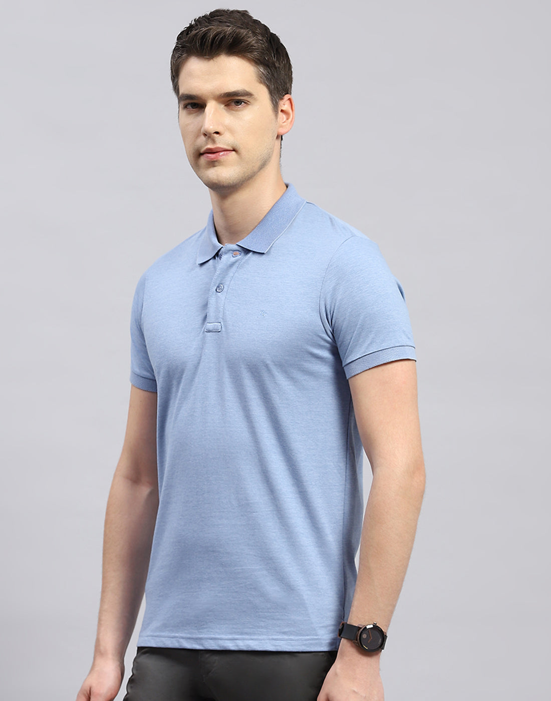 Men Sky Blue Solid Polo Collar Half Sleeve T-Shirt